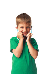 Little smiling boy with sunglasses isolated on white