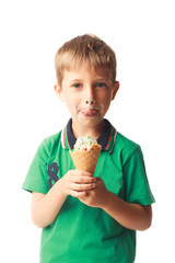 Little boy eating ice cream isolated on white