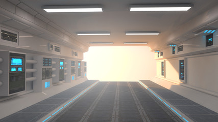 Futuristic corridor interior and sunset