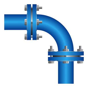 Blue industrial 90 degree flanged pipe elbow isolated on white, steel pipeline fitting for plumbing, engineering, factory and infrastructure systems