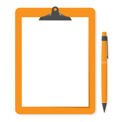 Orange clipboard with white paper and pen put alongside. - 70313231