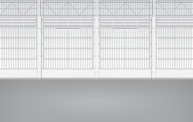 Industrial building vector. Use as factory, warehouse, storehouse, hangar or plant. Modern interior design with concrete floor, metal wall, steel structure and empty space for industry background.