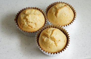 Three corn muffins overhead view