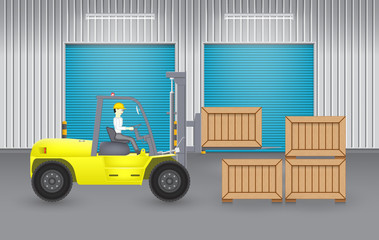 Vector of driver or worker to handling, sorting wooden crate box by forklift for logistic, shipping and delivery. Freight transport and distribution industry. Include warehouse building exterior.