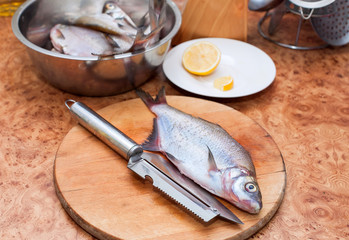 raw fish on wooden  cutting board with knife in the kitchen