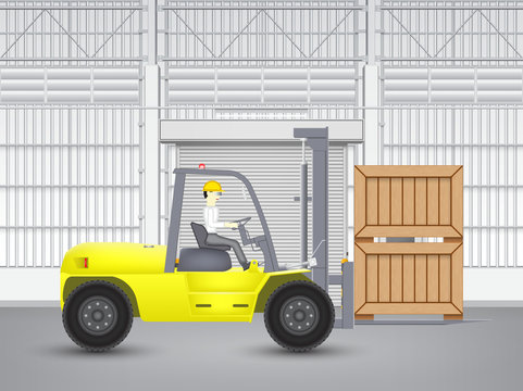 Forklift vector illustration design. May called fork truck or lift truck. Elevator machine equipment or vehicle for work at storage, port, warehouse and factory by lift up, raise and delivery cargo.