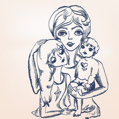 Woman with girl and baby in her arms.