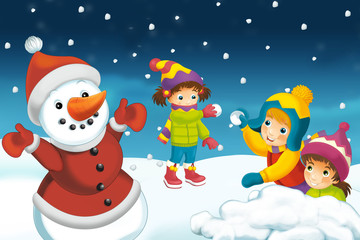 Christmas scene with snowman - illustration for the children