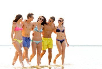 Obraz na płótnie Canvas smiling friends in sunglasses on summer beach