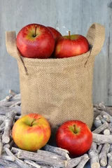 Foto auf Acrylglas Jute zak met appels in de herfst © trinetuzun
