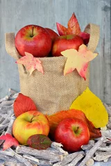 Foto auf Acrylglas Jute zak met appels en herfstbladeren © trinetuzun