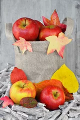 Tapeten Jute zak met appels en herfstbladeren © trinetuzun