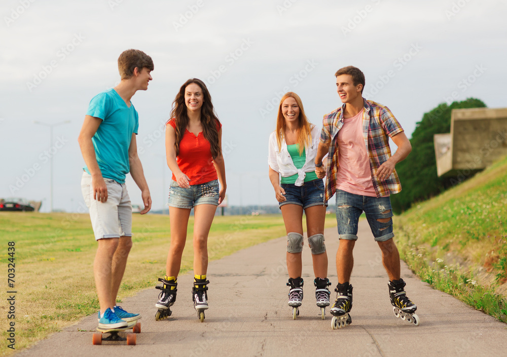 Sticker group of smiling teenagers with roller-skates