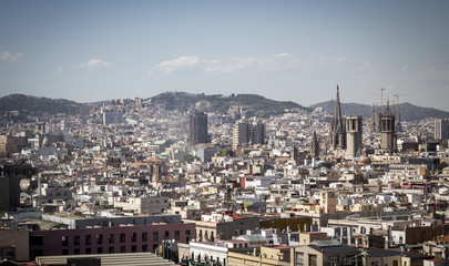 skyline of Barcelona, Spain, with Cathedral of the Holy Cross in