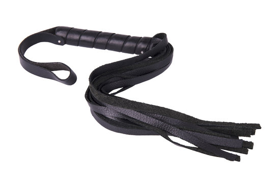 Black leather whip with multiple strands and a sturdy handle, isolated on a white background. Perfect for fetish, roleplay, and BDSM themes, captured in a clean, minimalist studio style.