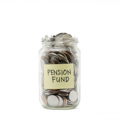 Isolated coins in jar with pension fund label