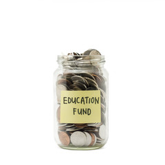Isolated coins in jar with education fund label