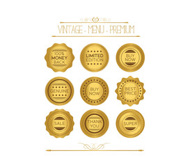 Set of gold badges and labels
