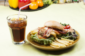 hamburger beef bacon with Cola drink