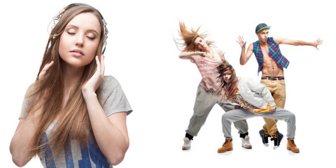young woman listening music and group of dancers on background