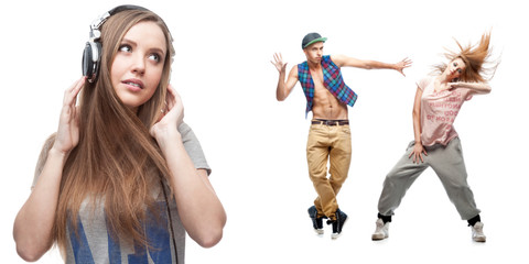 young woman listening music and two dancers on background