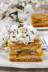 Piece of apple cake with whipped cream