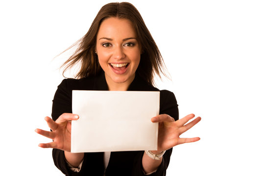 Preety assian caucasian woman holding a white card