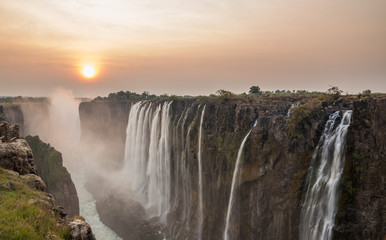 Wide angle view of Victoria Falls sunset