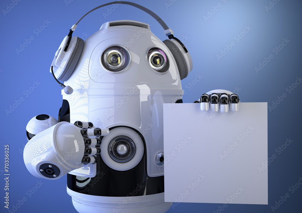 Poster robotic operator with headset and blank board. technology concep