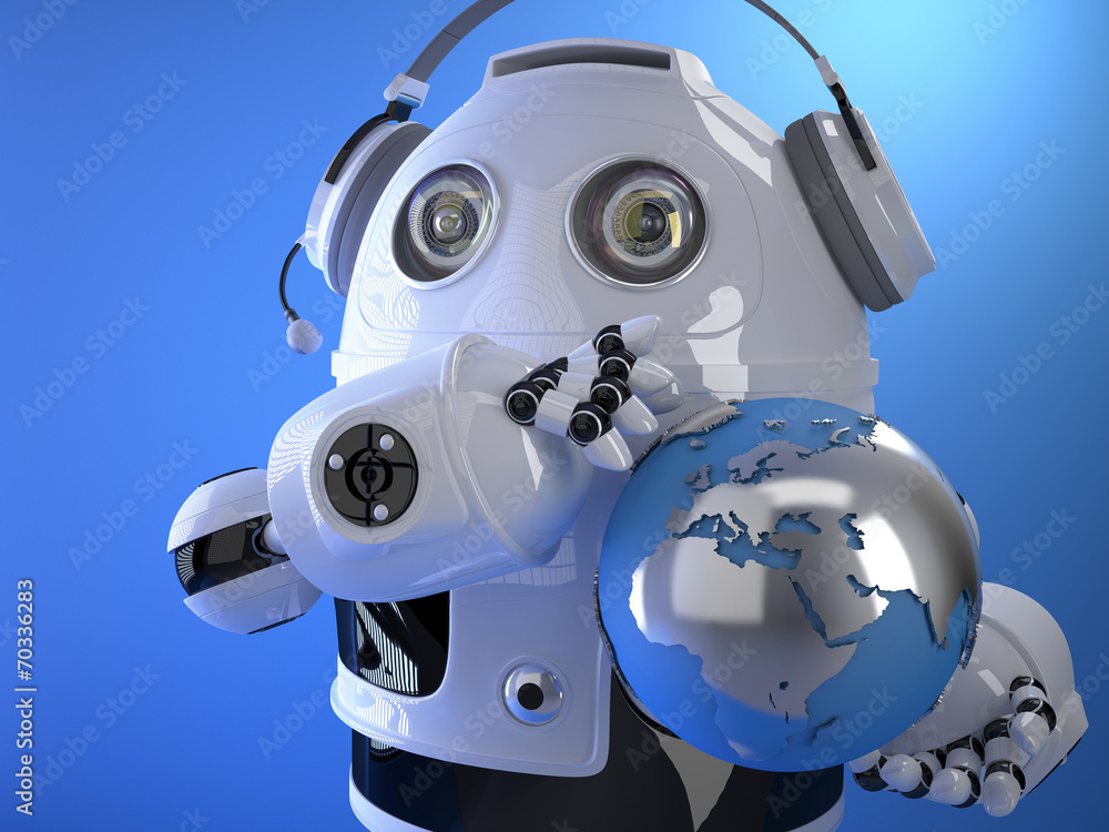 Poster robot operator in headset with globe. globall support concept. c