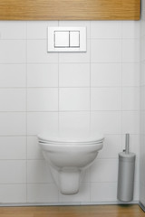 toilet with white walls and brush