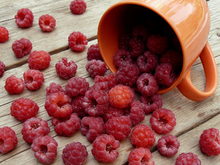 cup with freshly picked raspberries on wooden background