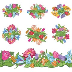 Obraz premium Set of floral designs and seamless border