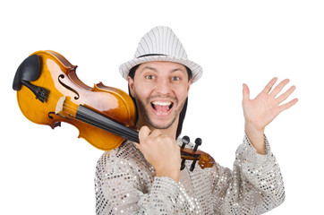 Funny man with violin on white
