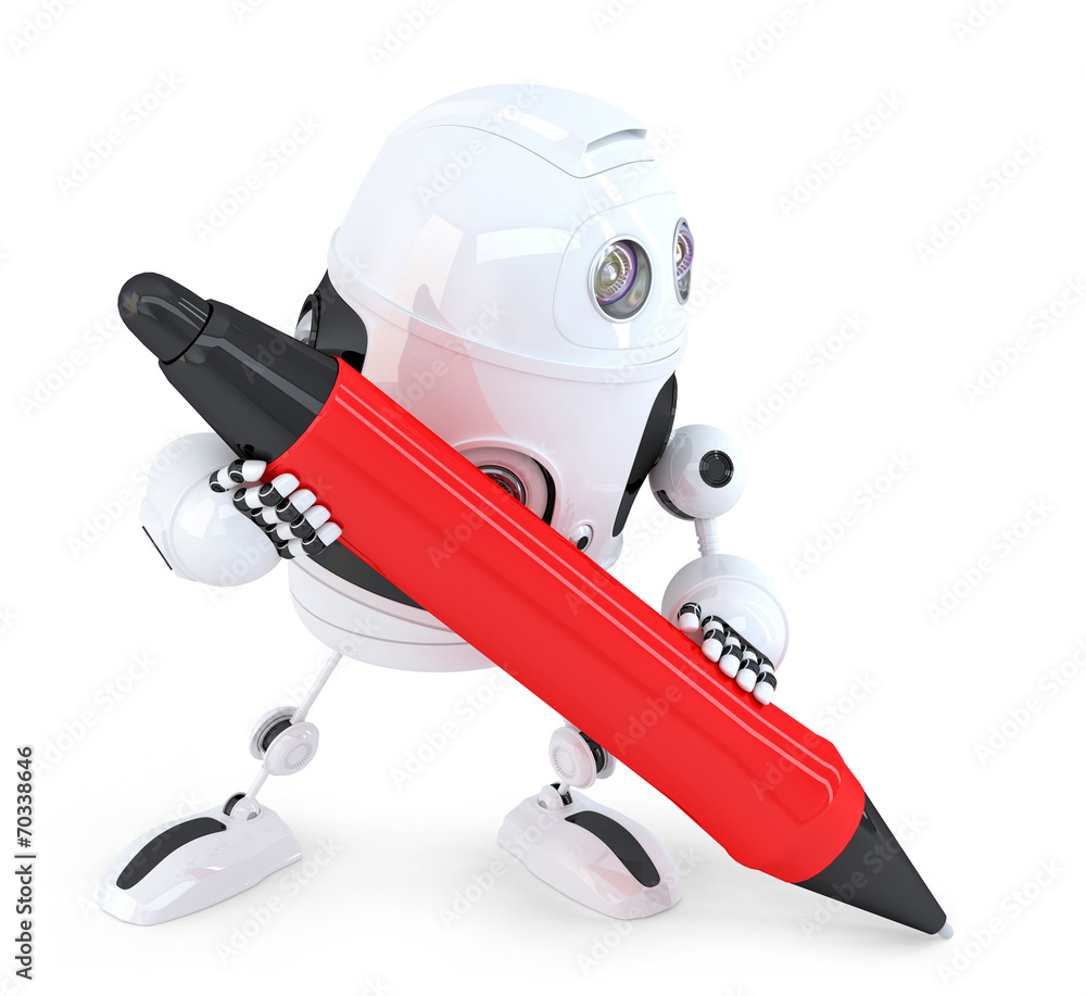 Poster robot writing with red pen. isolated. contains clipping path