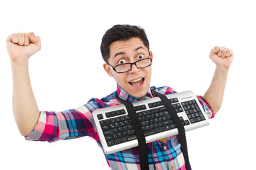 Computer nerd with keyboard isolated on white