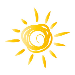 Der Sommer kommt. Gelbe Sonne - gemalt, Handzeichnung. Sonnenenergie, Photovoltaik, Solaranlage, Sonnenenergie, Energiewende starten und erneuerbare und nachhaltige Energien nutzen 