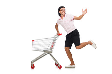 Man shopping with supermarket basket cart isolated on white