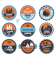 Set of outdoor adventure blue and orange retro labels - obrazy, fototapety, plakaty