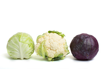 Cauliflower, cabbage and red cabbage closeup