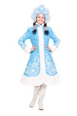 Young brunette in snow maiden costume