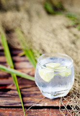 Gin tonic in glass with  ice cubes and lime slice