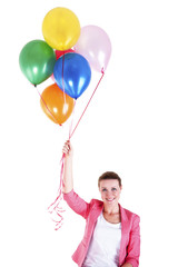 Fototapeta na wymiar woman with balloons over white background smiling