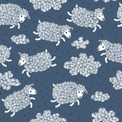 Naklejka premium Seamless pattern with cute sheep and clouds.