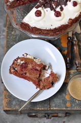 A slice of black forest cake, selective focus