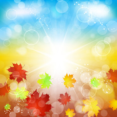 Fototapeta na wymiar Autumn illustration with colored background and leaves