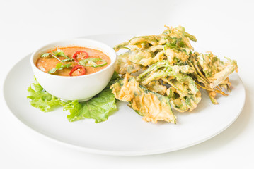 Fried Morning Glory with Spicy Pork Salad