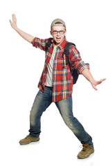 Student with backpack isolated on the white
