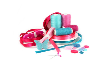 Craft sewing ribbons, thread and buttons