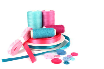ribbons and thread sewing items - obrazy, fototapety, plakaty